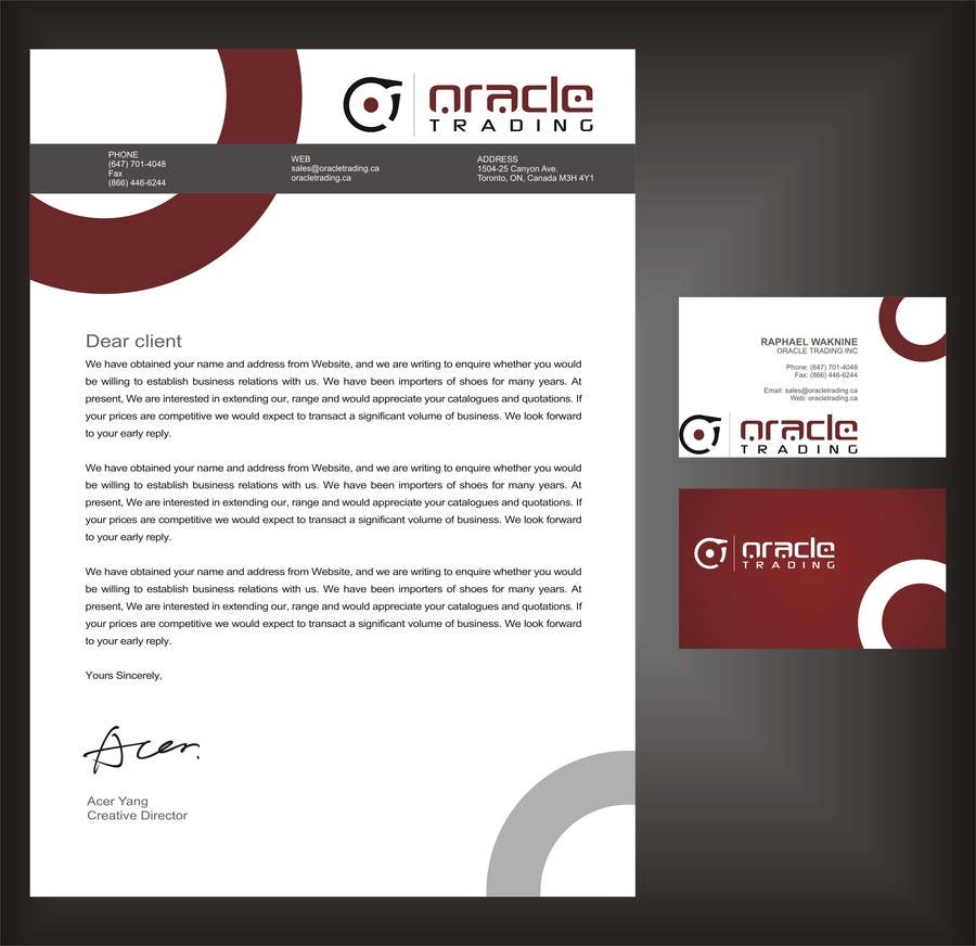 
                                                                                                                        Konkurrenceindlæg #                                            60
                                         for                                             Business Card + Letterhead Design for ORACLE TRADING INC.
                                        