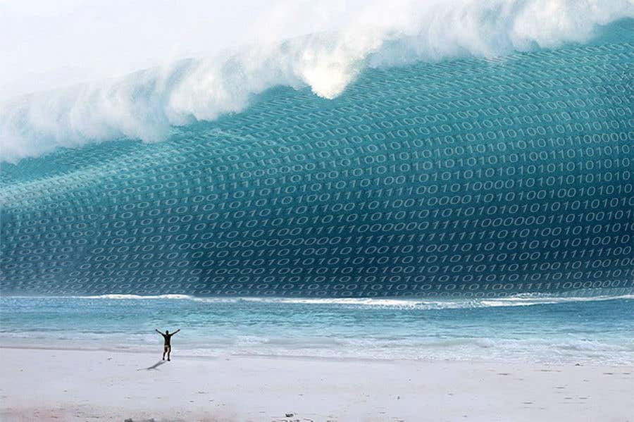 An image that blends the idea of big data and a large wave or tsunami.