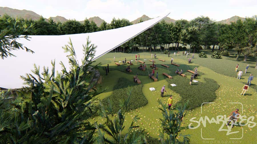 Proposta in Concorso #6 per                                                 Rendering of a Saddle Span Tent in a Park
                                            