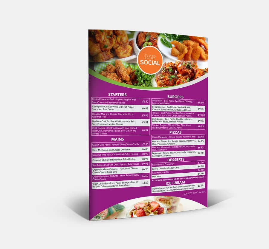 Kilpailutyö #58 kilpailussa                                                 Design/Create funky food menu for bar/restaurant in MS Word
                                            