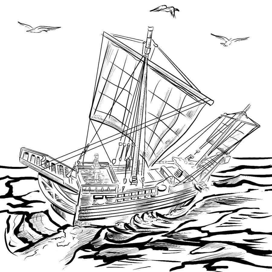 Конкурсная заявка №62 для                                                 Black and white drawing or sketch of sailing ship on sea
                                            