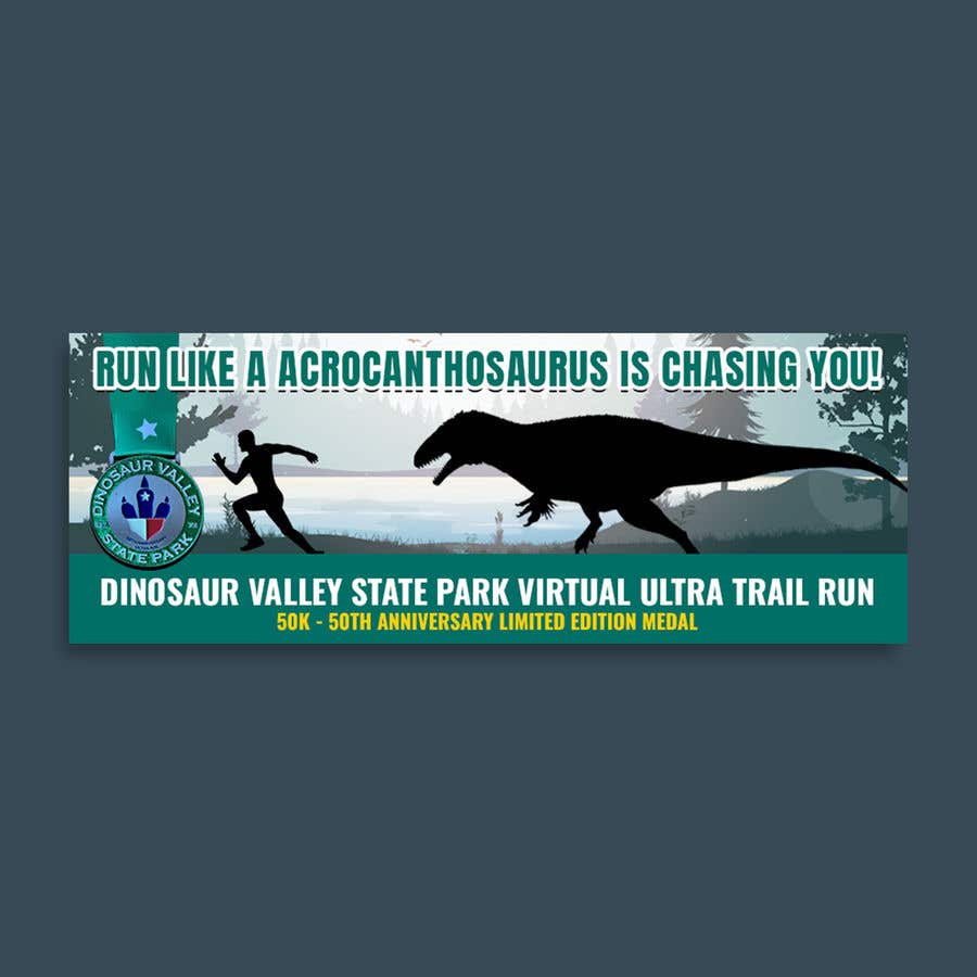 Kilpailutyö #29 kilpailussa                                                 Dinosaur chasing man Facebook ad Banner Medal 50k Trail Run
                                            