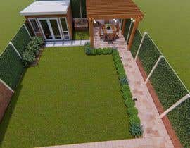 a render of a backyard with a house and a lawn