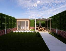 a rendering of a backyard with a patio with chairs and a pergola