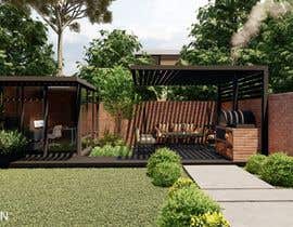 a garden with a seating area and a pergola