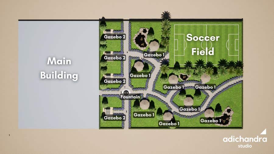 a diagram of the soccer field with the main building and a soccer field