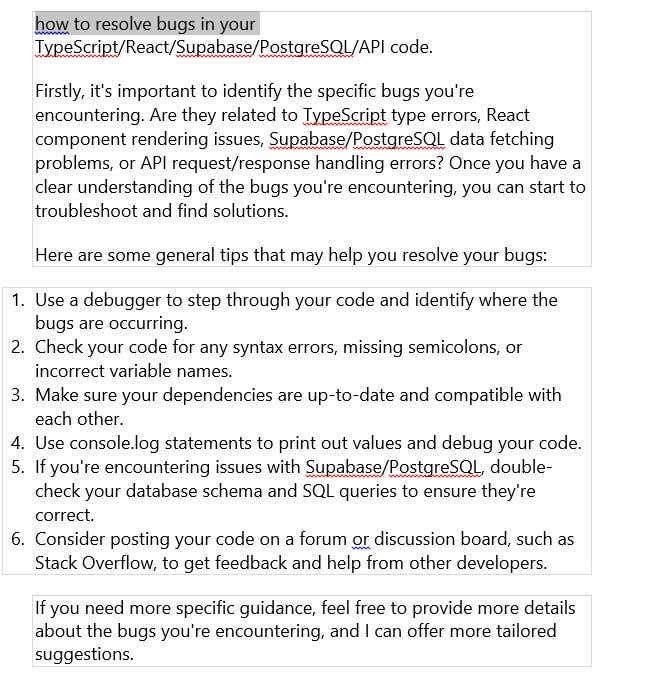 Inscrição nº 2 do Concurso para                                                 Resolve Bugs in code typescript/react/ + supabase/portgresql/api
                                            