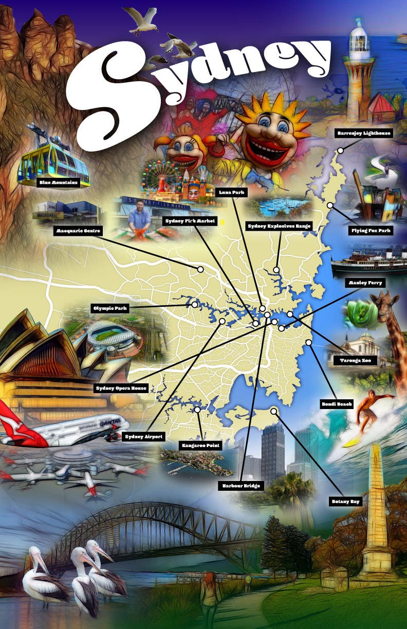 Kilpailutyö #8 kilpailussa                                                 Illustrate Map of Sydney with cartoon like elements
                                            