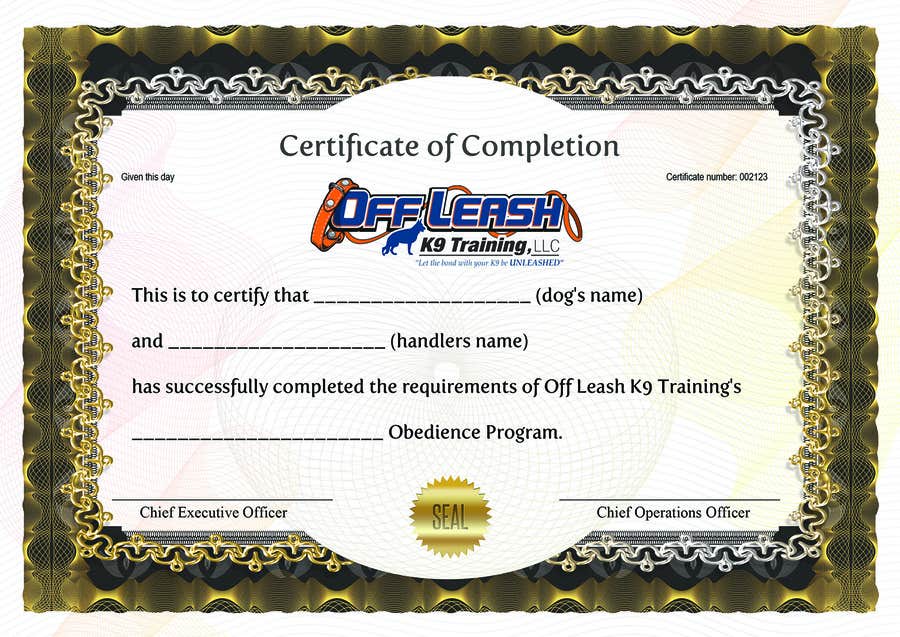 Kilpailutyö #44 kilpailussa                                                 Design a Certificate of Completion For Dog Training Business
                                            