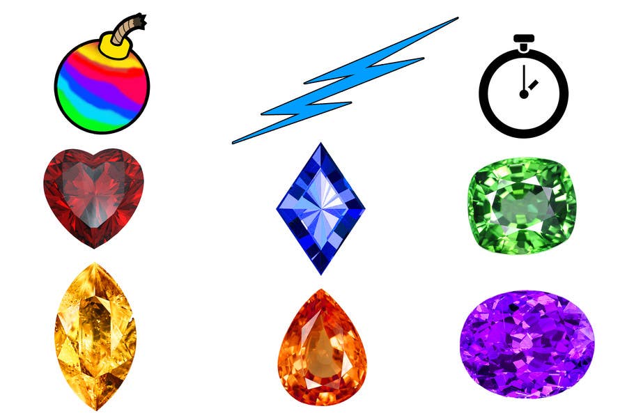 Proposition n°4 du concours                                                 Design 6 gems and 3 icons to be used in a casual mobile game
                                            