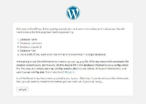 WordPress welcome screen